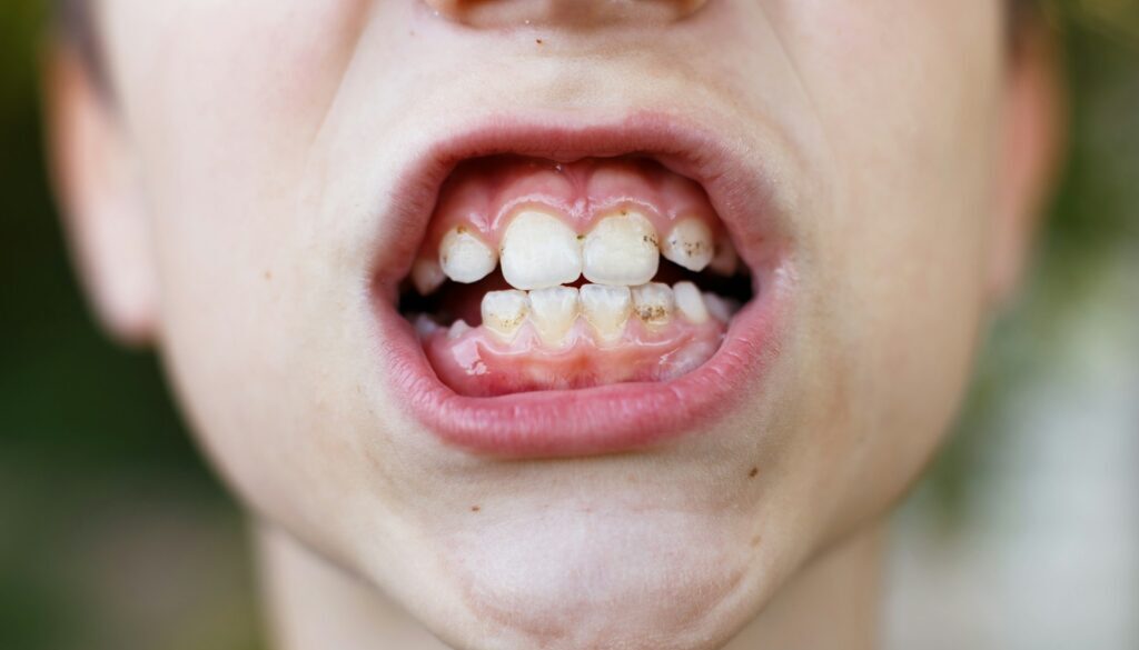 open mouth of a child boy with plaque or calculus on the teeth close. oral hygiene concept